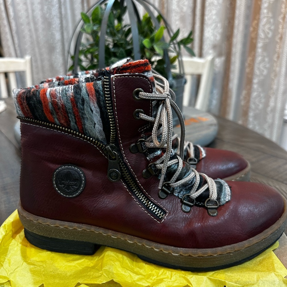 Reiker Burgundy Leather Ankle Boots with Knit Cuff